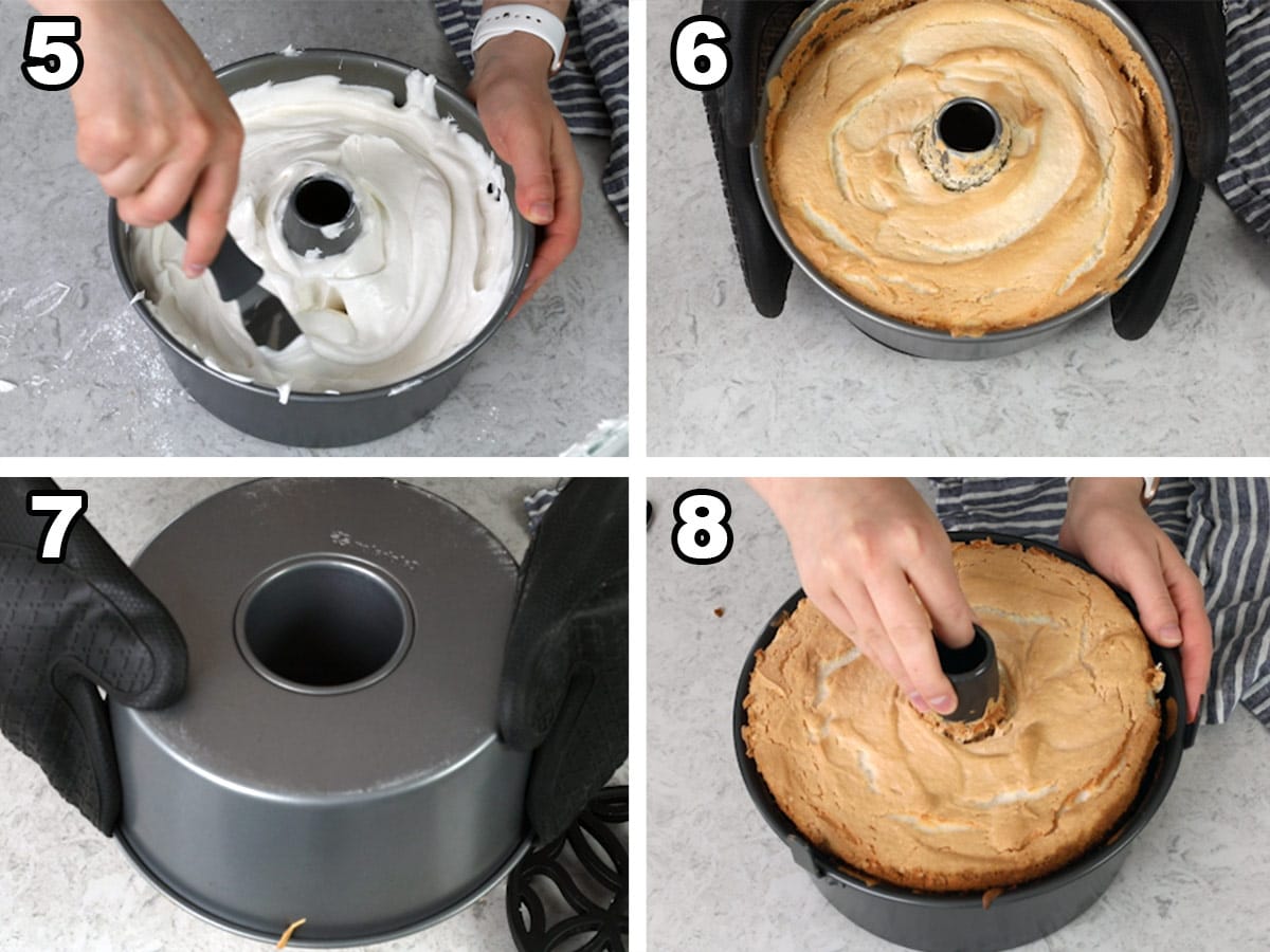Spreading the batter in the pan, finished cake, turning upside down to cool, taking the cake out of the pan.