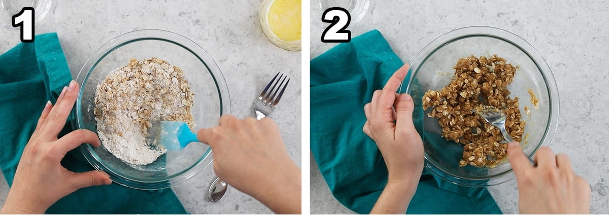 Two photos showing a crumb topping being prepared.