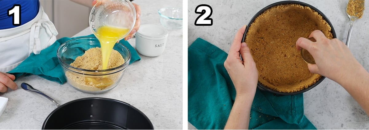 Two photos showing a walnut-infused graham cracker crust being prepared and pressed into a springform pan.