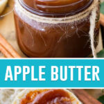 2 image collage showing apple butter in a class jar (top) and spread on biscuit (bottom)