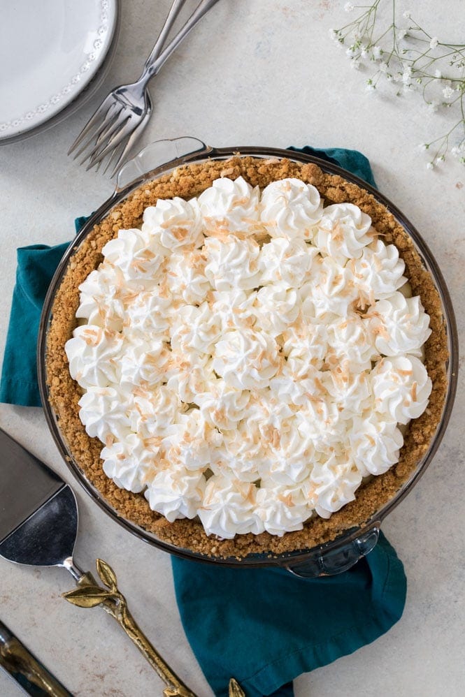 Overhead of whipped cream topped pie