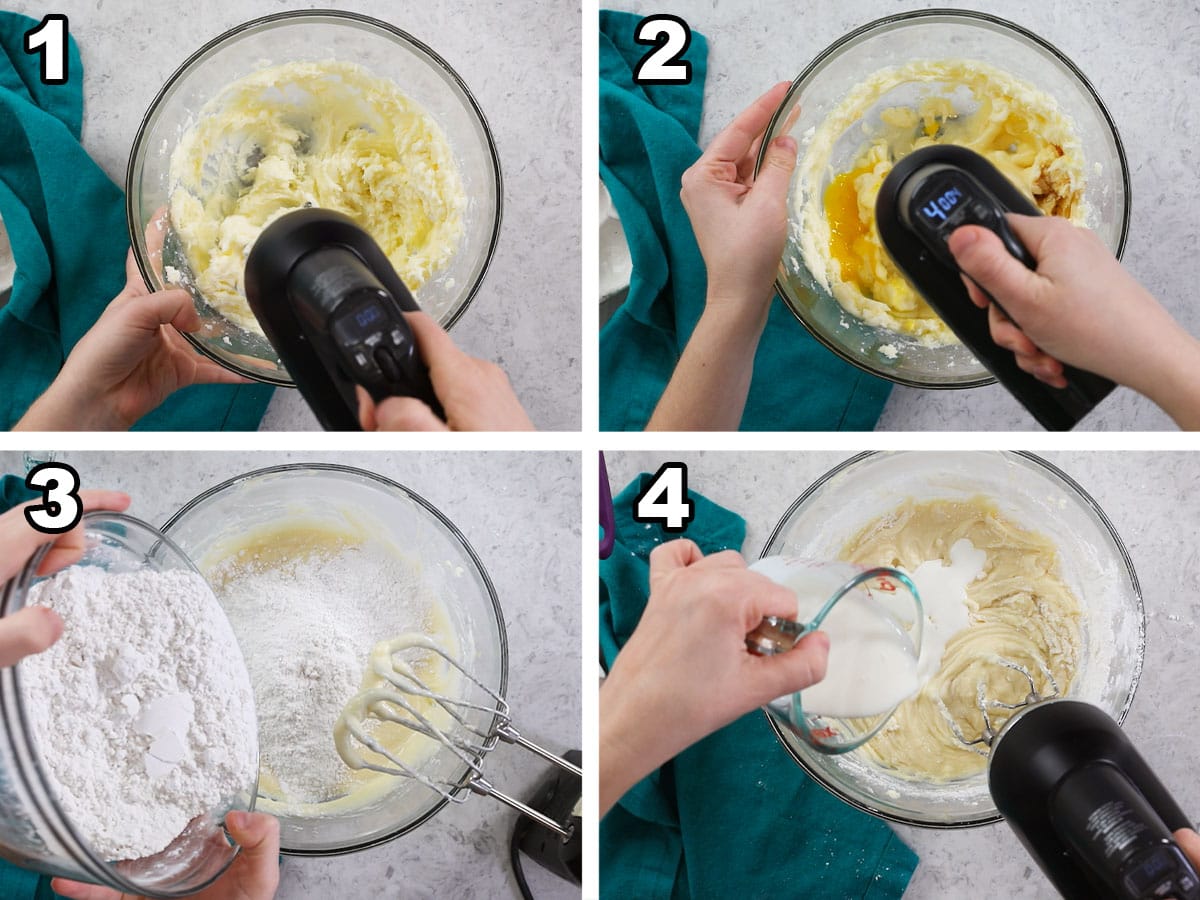 Four photos showing cake batter being prepared.
