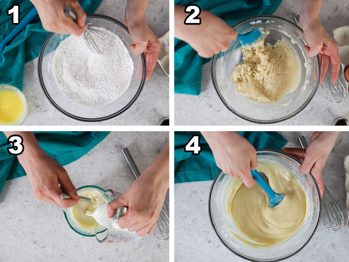 Collage of four photos showing cupcake batter being prepared.