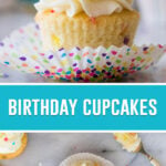 collage of birthday cupcakes, top image of single cupcakes with wrapper being removed, bottom image of bite taken out photographed from above with candle and fork surrounding it