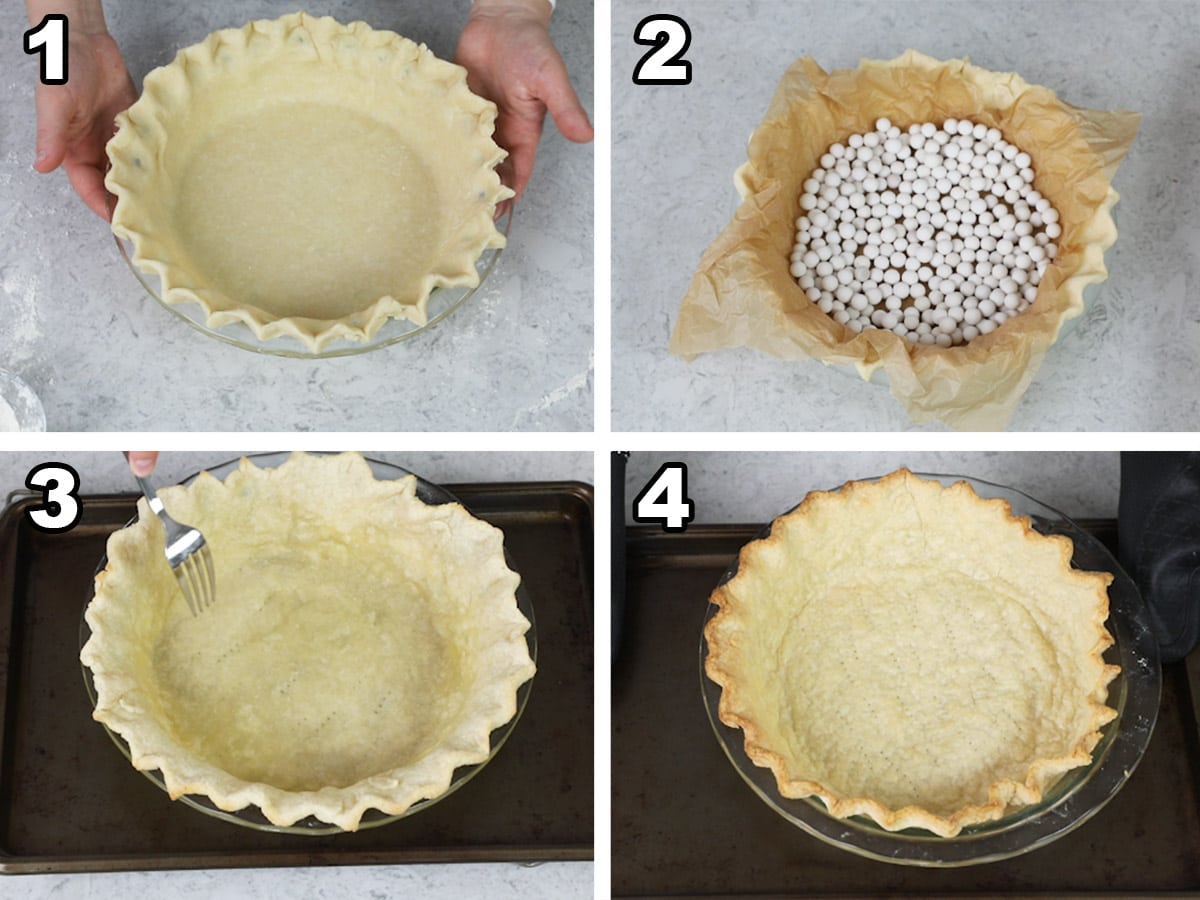 collage of four photos showing how to blind bake pie crust