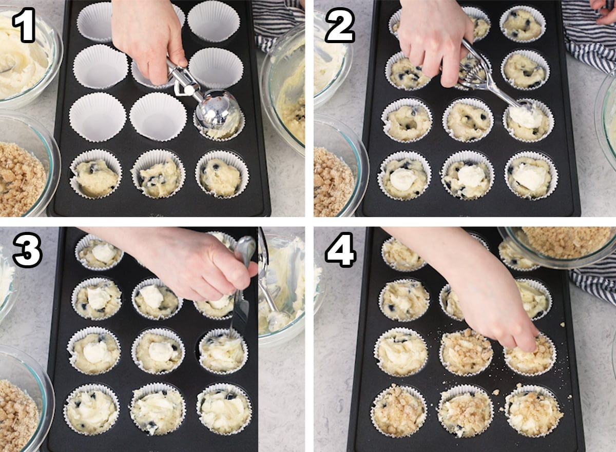 Scooping the muffin batter into paper muffin liners, adding the cream cheese, and topping with streusel.