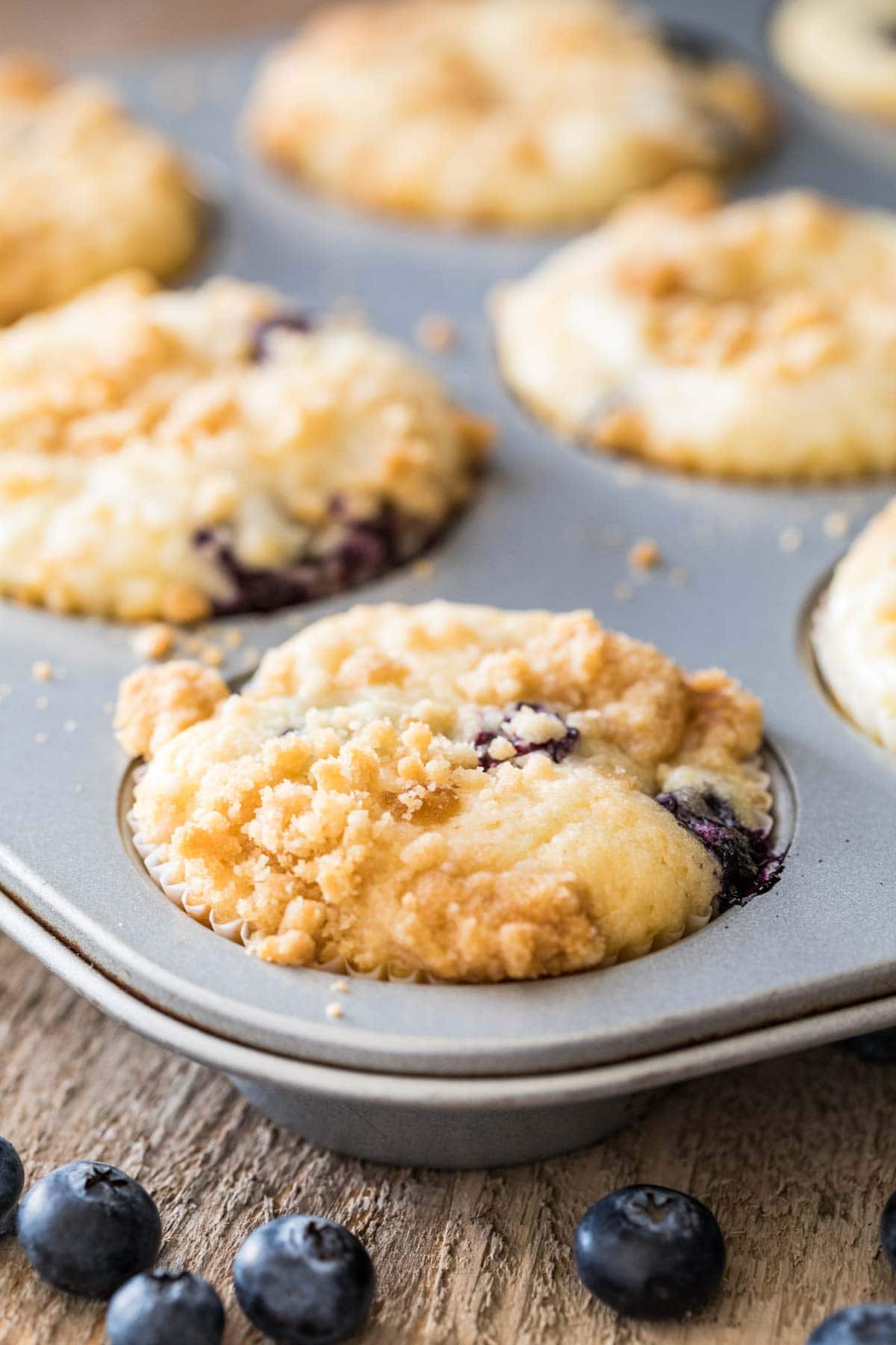 Baked blueberry cream cheese muffins in a muffin tin.