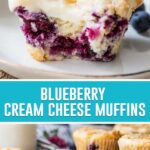 collage of blueberry muffins, top image of close up of single muffin, bottom of single muffin on plate and muffins on gold plate