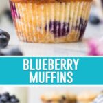 collage of blueberry muffins, top image of single muffin, bottom image of multiple muffins