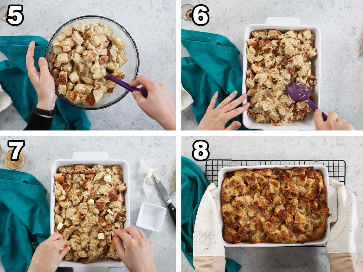 Four photos showing bread cubes and custard being stirred together before baking in a casserole dish.