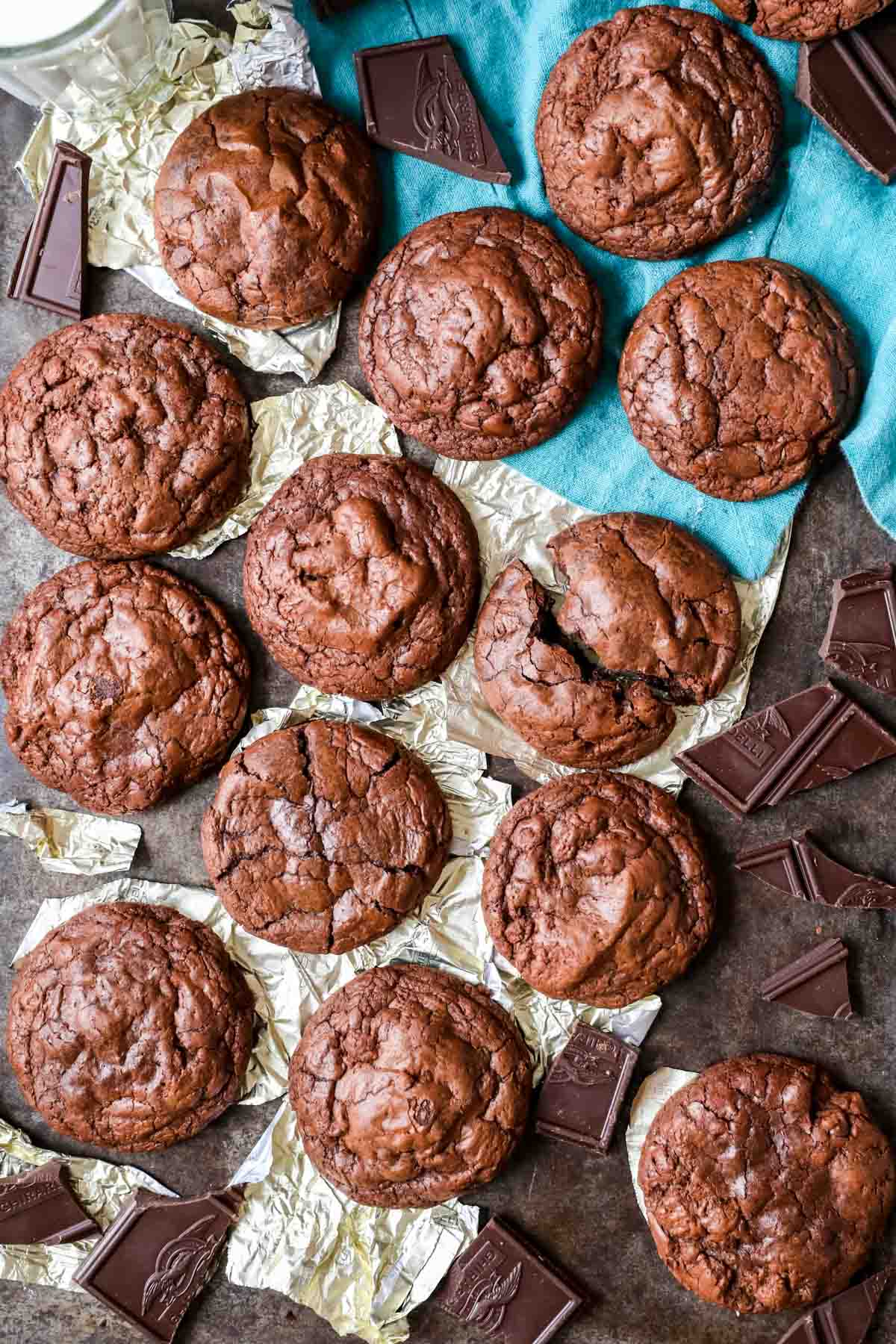 Overhead view of brownie cookies with shiny, crackly tops.