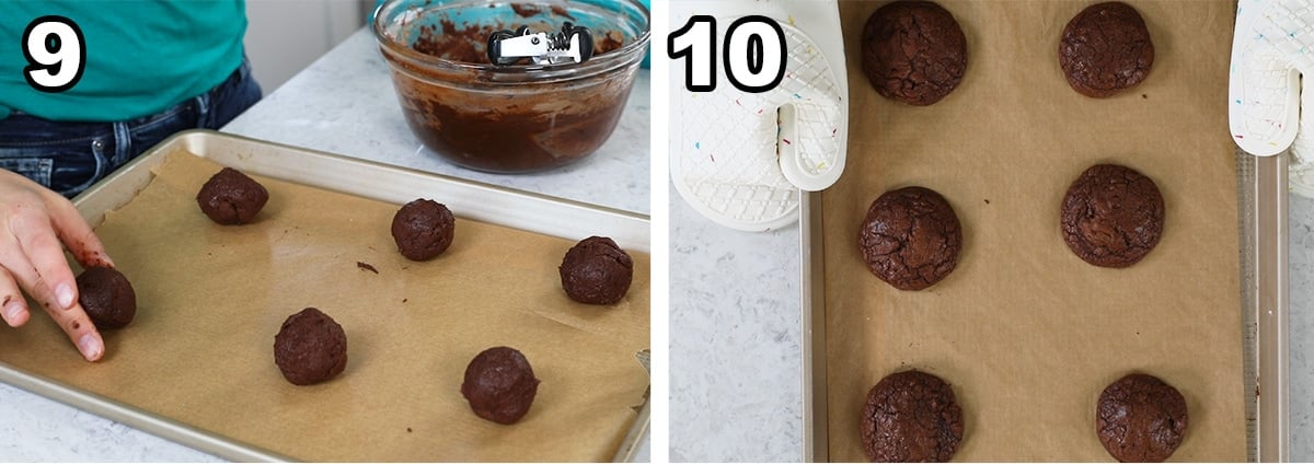 Collage of two photos showing chocolate cookie dough balls before and after baking.