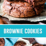 collage of brownie cookies, top image of two cookies stacked, top image with bite taken out, bottom image of cookie photographed from above torn apart