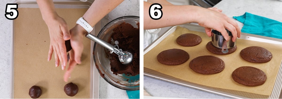Two photos showing chocolate cookie dough being rolled, baked, and flattened with a glass.