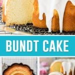 collage of bundt cake on the top, whole baked cake in bottom left and slice of cake on the bottom right