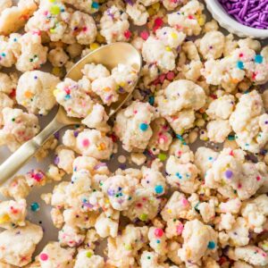 close-up view of scattered confetti crumbs