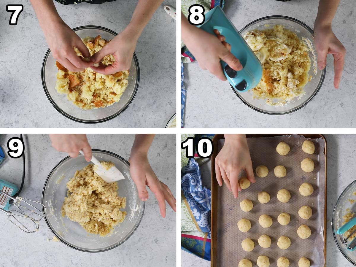 Collage of four photos showing cake being crumbled and combined with icing before being rolled into balls.