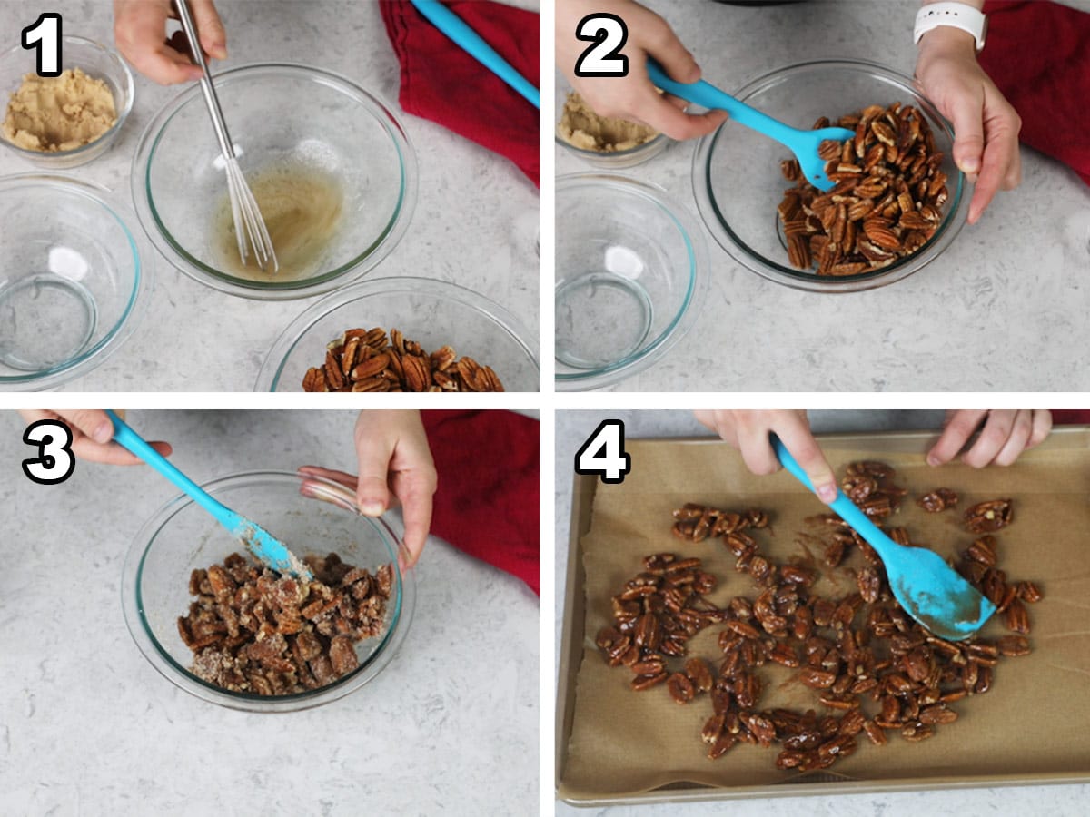 4 image collage showing how to make candied pecans: whisking egg, tossing nuts, mixing in cinnamon sugar, spreading on baking sheet