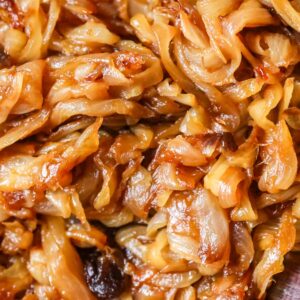 Close up of caramelized onions in a pan