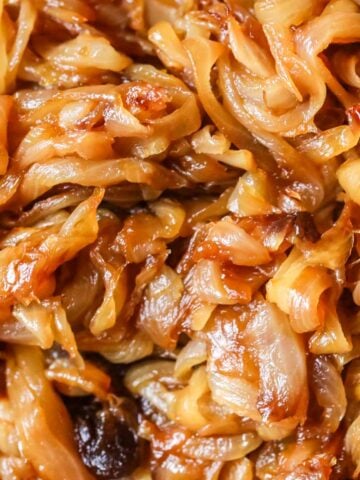 Close up of caramelized onions in a pan