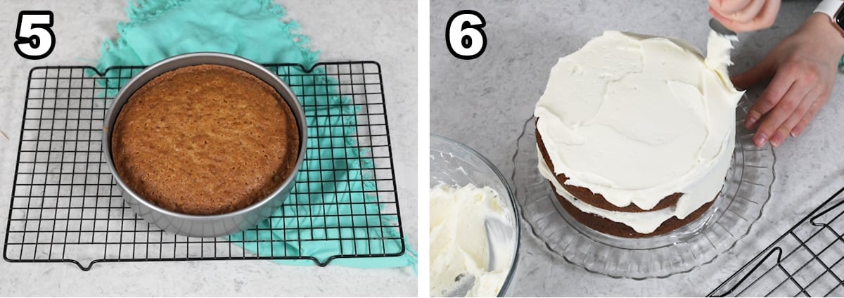 collage of two photos showing how to frost a carrot cake after baking