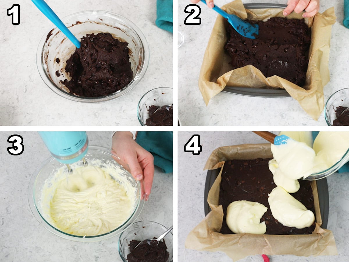 Collage with 4 photos: 1)Mixing the brownie batter, 2) spreading the brownie batter in the pan, 3) mixing the cheesecake layer, 4) adding the cheesecake on top of the brownie batter.