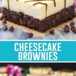 collage of cheesecake brownies, top image is of full single slice, bottom image is of slices spread out on marble slab