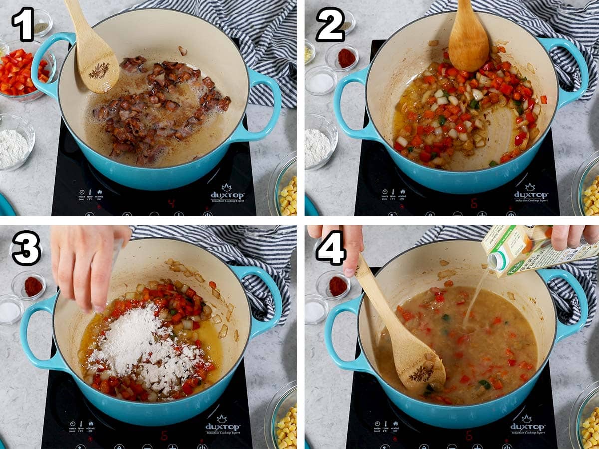 collage of four photos showing vegetables being cooked in bacon grease to make a flavorful soup base