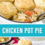 collage of chicken pot pie, top image is of close up of pie with spoons, bottom image is it served on white plate