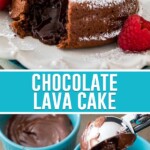 collage of chocolate lava cake, top image of single cake with chocolate pouring out, bottom image of cake batter being scooped into bowls