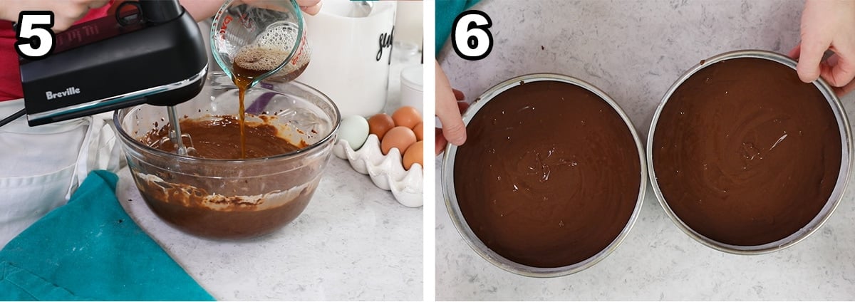 Two photos showing hot coffee being added to cake batter and the batter divided between two pans.