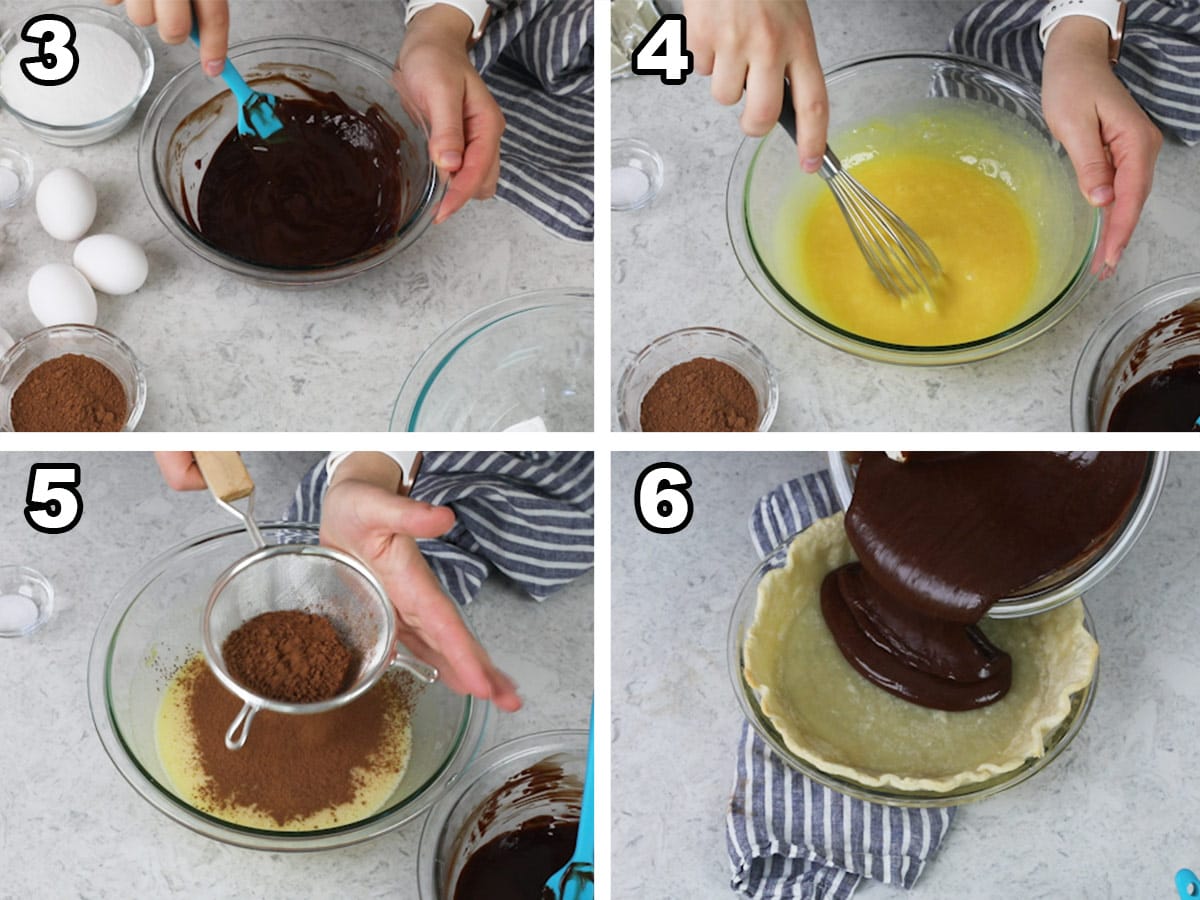 collage of four photos showing how to make chocolate chess pie