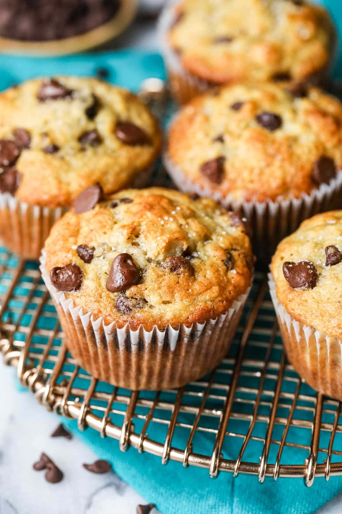 Chocolate chip banana muffins on a cooling rack.