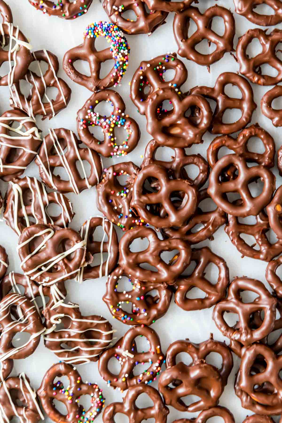 Overhead view of chocolate covered pretzels.