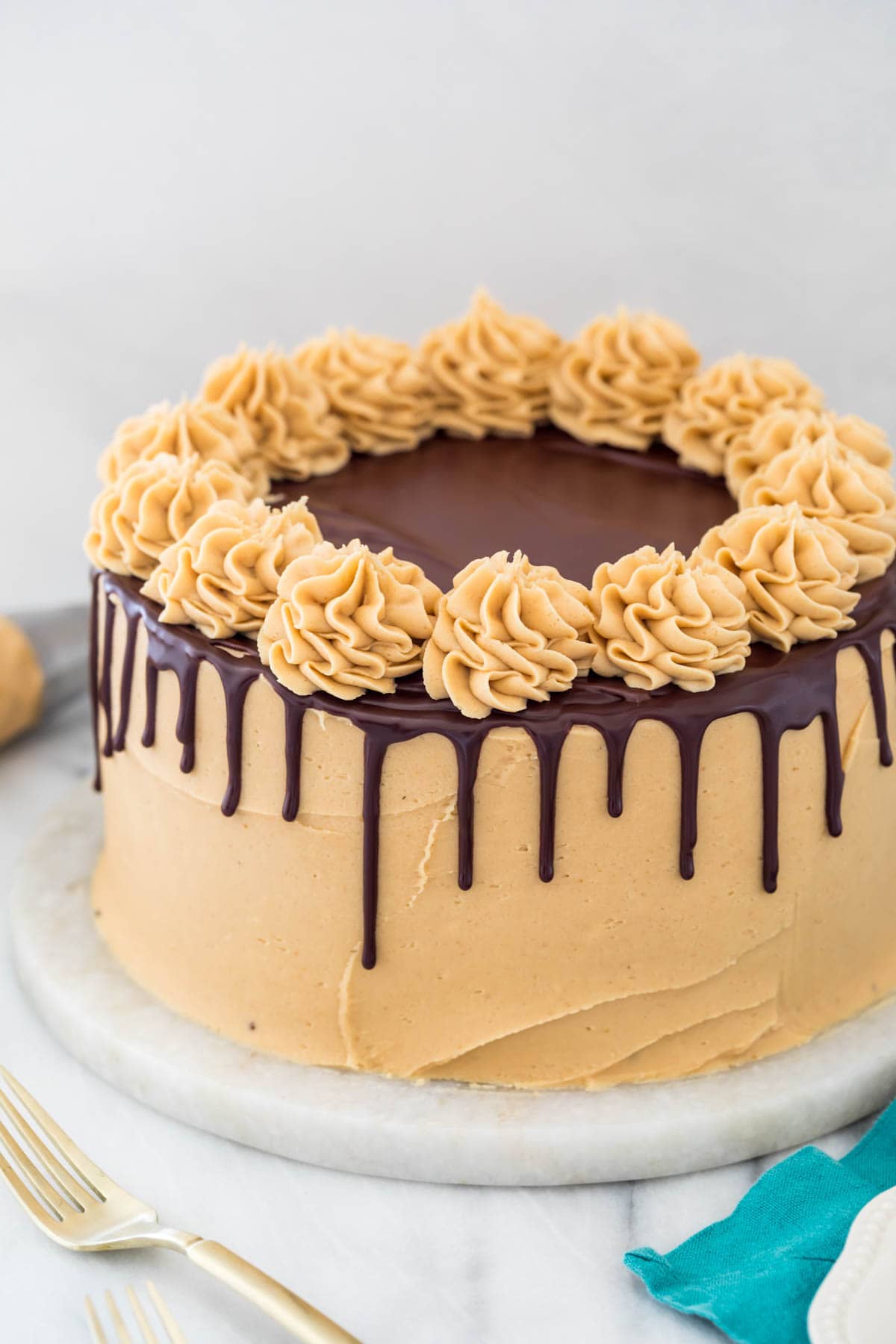 peanut butter chocolate cake frosted with peanut butter icing topped with chocolate ganache drips and a perimeter of icing swirls