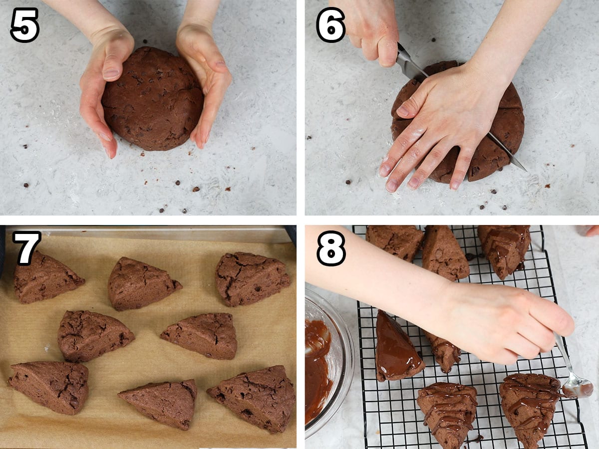 collage of four photos showing scone dough being formed into a ball, cut into wedges, and baked