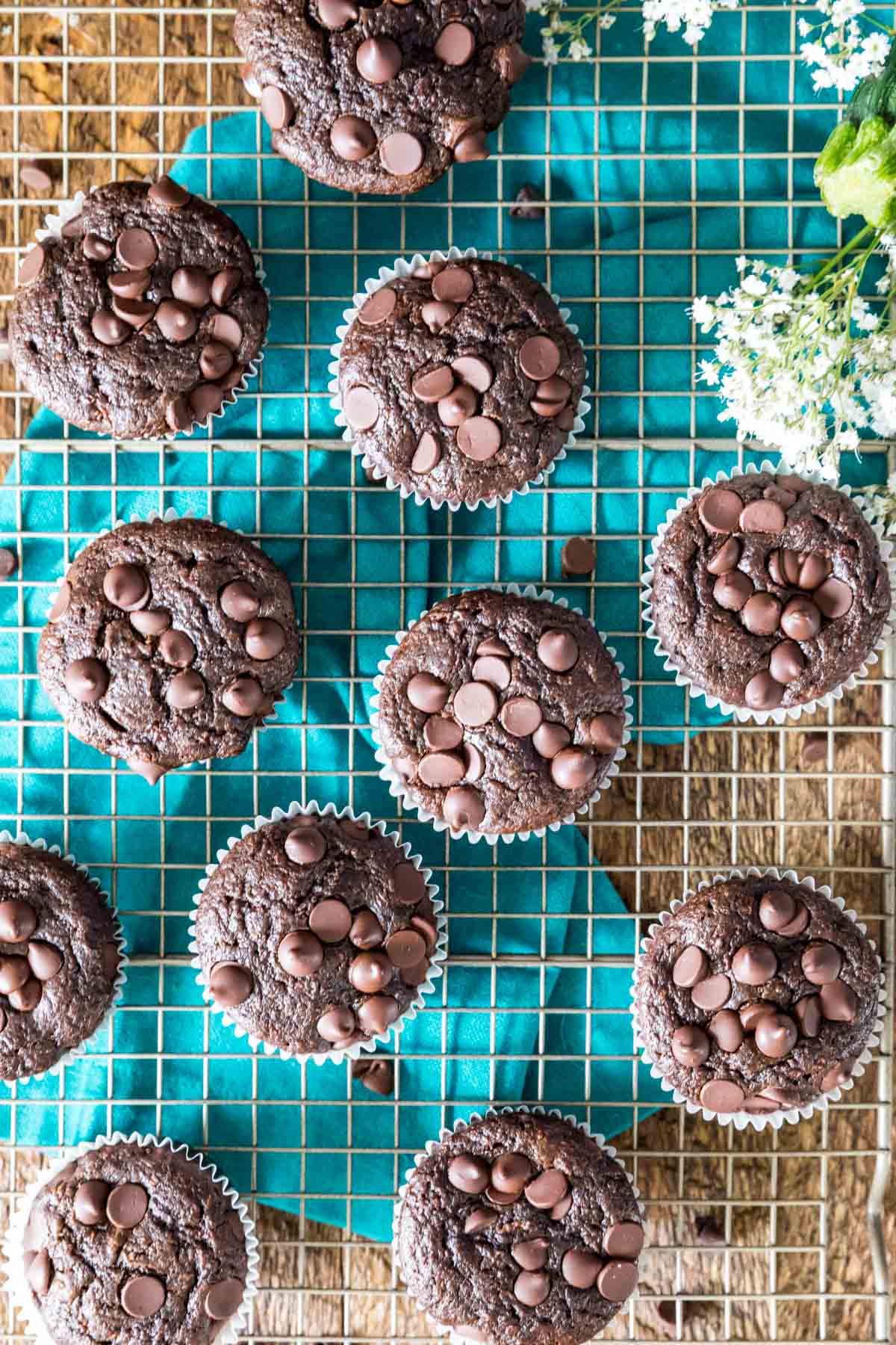 Overhead view of chocolate muffins made with zucchini on a metal cooling rack.