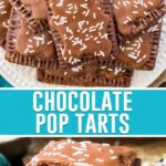 collage of chocolate pop tarts, top image of multiple pop tarts on white plate, bottom image of pop tart cut open halves stacked