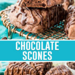 collage of chocolate scones, top image of two stacked top one bite taken, bottom image is of circle of scones sliced
