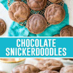 collage of chocolate snickerdoodles, top image of cookies on gold cooling rack photographed from above, bottom image close up of cookies