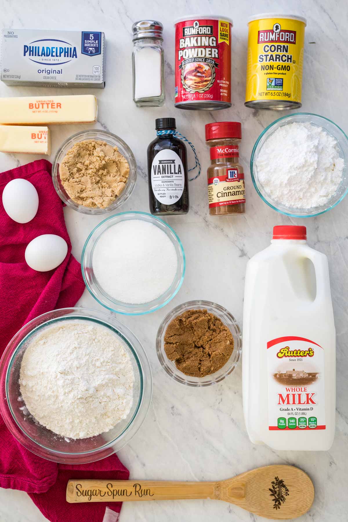 top-down view of ingredients for cinnamon roll cake