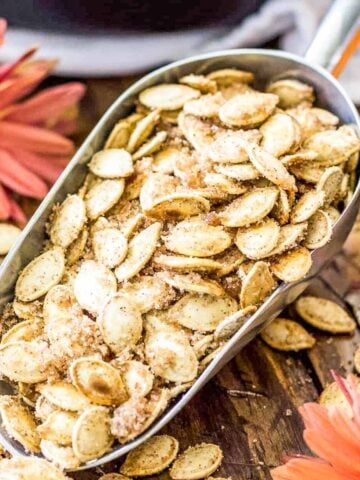 Metal scoop of cinnamon sugar pumpkin seeds surrounded by orange flowers.