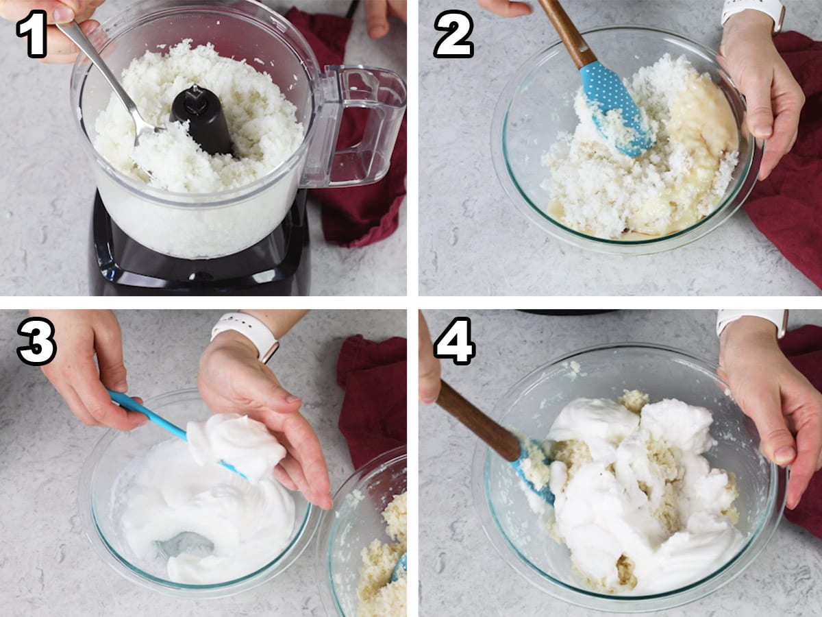collage of four photos showing how to prepare the batter for coconut macaroons