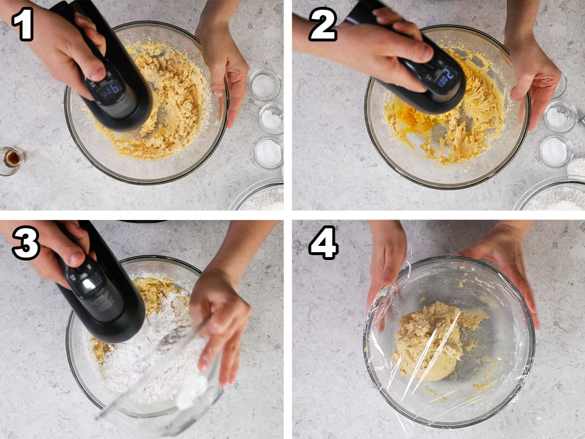 Collage of four photos showing cookie dough being mixed together.
