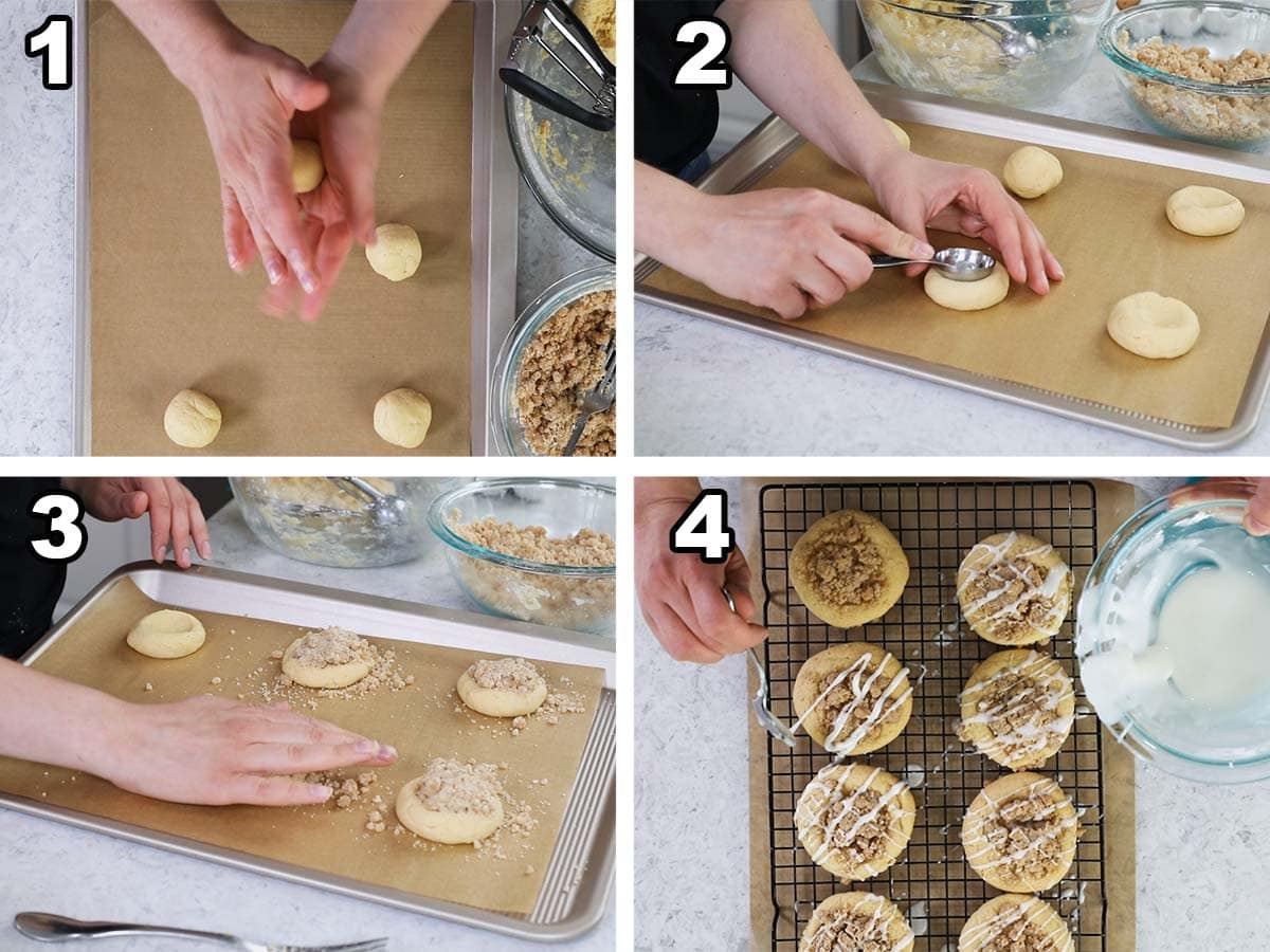 Collage of four photos showing cookie dough being rolled, indented, and topped with streusel before being baked.