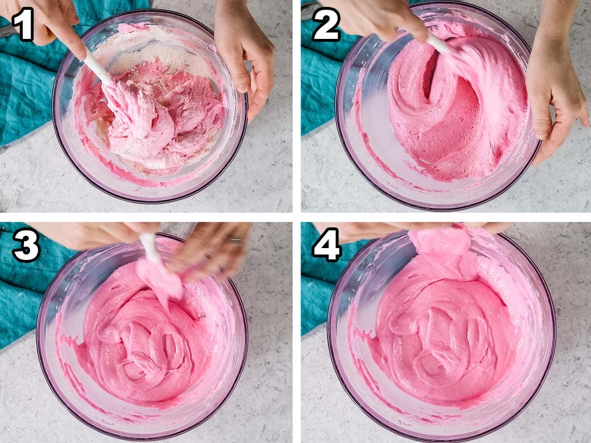 Collage showing the 4 steps to preparing macaron batter ("macaronage") for piping