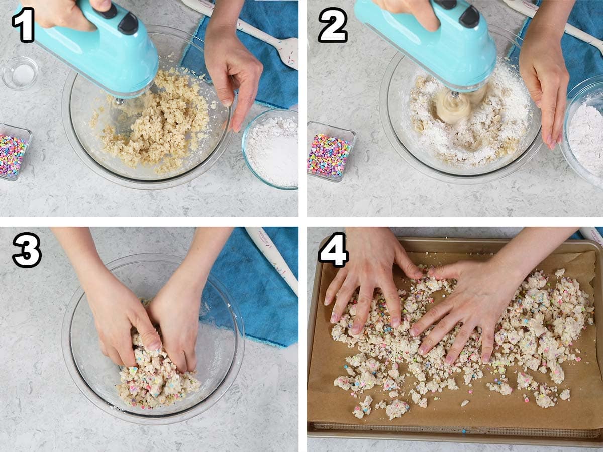 collage of four photos showing dough being mixed and formed into colorful cake crumbs