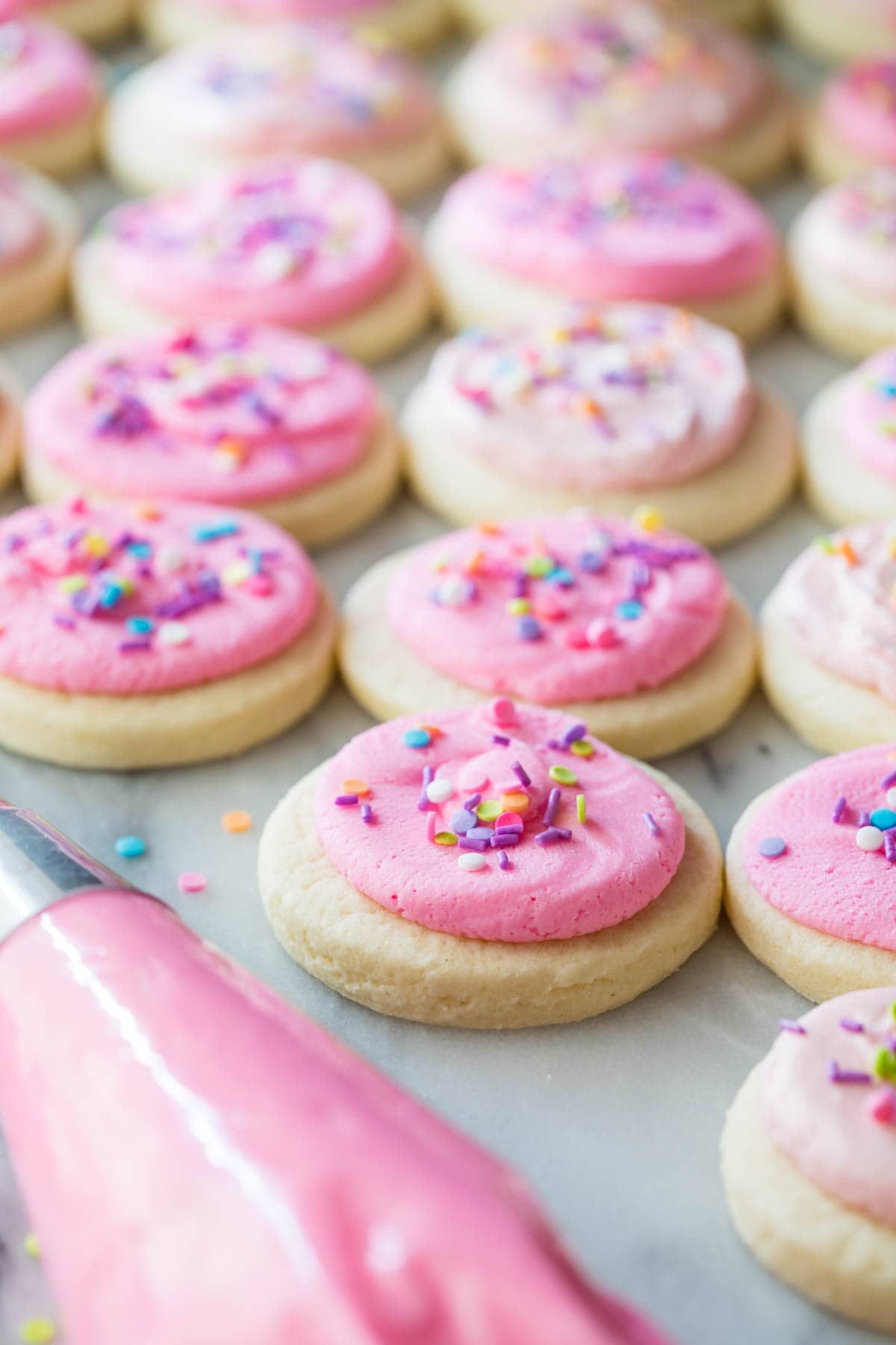close-up view of perfectly round cookies topped with varying shades of pink icing and sprinkles
