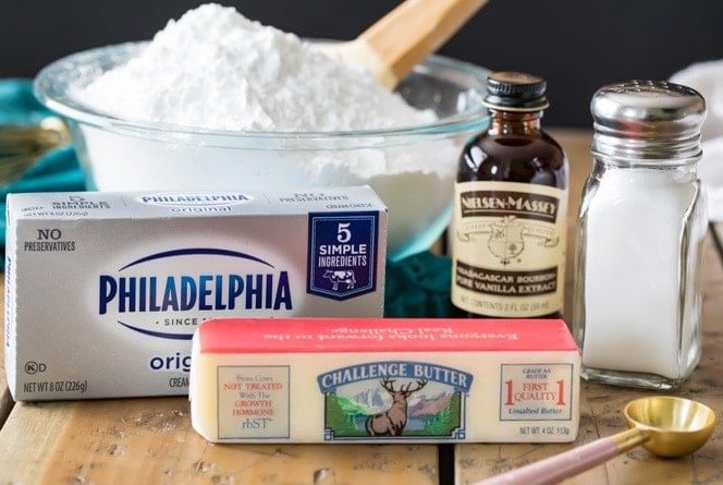 The 5 ingredients needed to make cream cheese frosting -- powdered sugar, cream cheese, butter, vanilla extract, salt