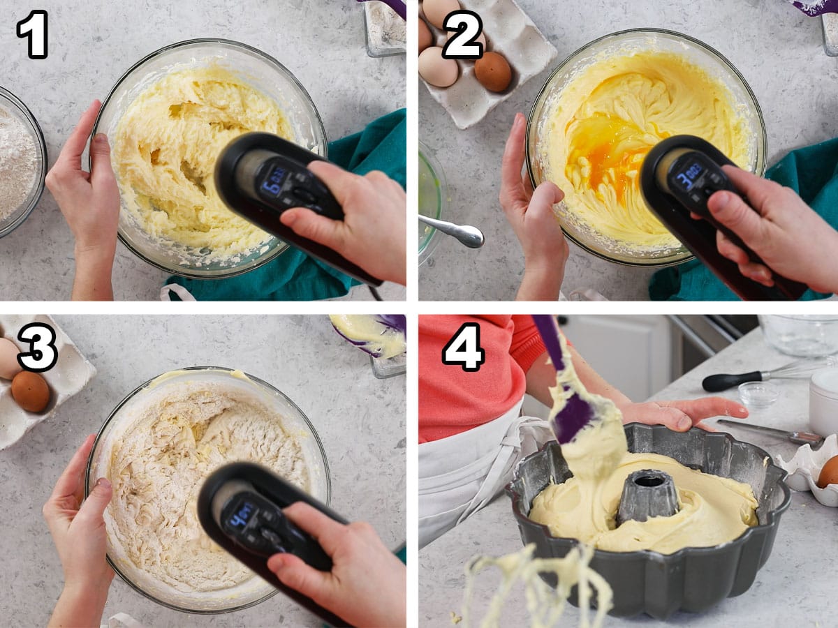 Four photos showing cake batter being mixed together and spread into a tube pan.